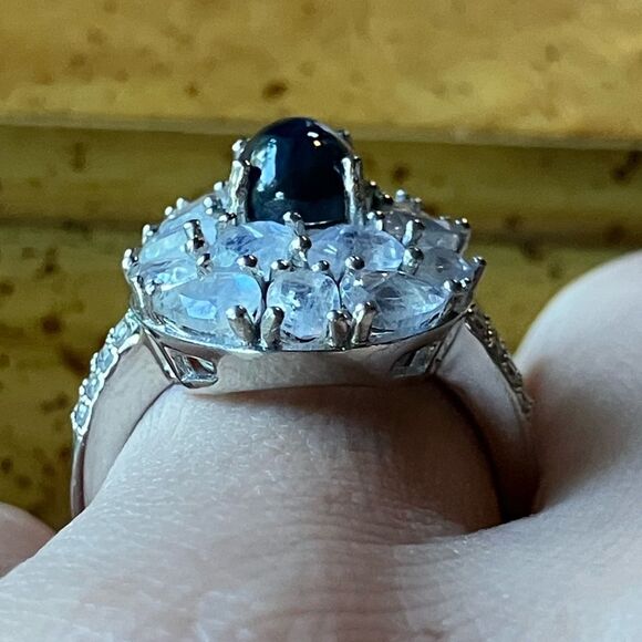 Blue Star Sapphire Rainbow Moonstone Sterling Silver Cocktail Ring Size 7 - Picture 2 of 9